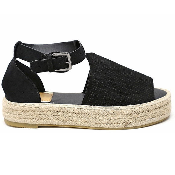 Black Peep Toe Flatform Espadrille Sandals NIB - Picture 3 of 3